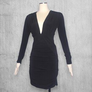 Nookie Dress Temptation Long Sleeve Mini Ruched in Black Plunge V Neck L